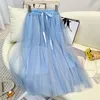 스커트 Tigena Korean Sweet Bow Belt Long Tulle Skirt For Women 2024 Spring Summer Casual Solid A Line High Waist Mesh Female Pink