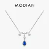 Halsband Modian 925 Sterling Silver Luxury Water Drop Blue Red Zirconia Pendant Necklace Classic Link Chain for Women Wedding Jewelry