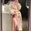 Women's Sleepwear Women Long Robe Sexy Lace Nightwear Princess Style Kimono Warm Coral Fleece Bathrobes Loose Winter Homewear