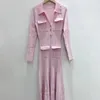 Casual Dresses Pink Knit Midi Dress Turn-Down Collar Pockets Spring Slim Elegant Female Long Sleeve Robe With Buttons