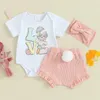 Ensembles de vêtements d'été de pâques pour bébés filles, Shorts à manches courtes, lettres imprimées, hauts à volants, ensemble de bandeau PP