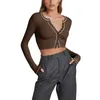 Dames T-shirts Dames Sexy Lange Mouw Henley Geribbelde Gebreide V-hals Button Up Blouses Casual Basic Y2K Slim Fit Crop tops