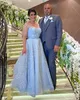 2024 Luxury Mother of the Bride Dresses Light Blue Jewel Neck Illusion Crystal Beads Lace Appliques Short Sleeves Tulle Wedding Guest Gowns Floor Length