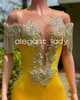 Yellow Sparkly African Mermaid Prom Gala Dresses for Women Luxury Crystal Applique Tassel Evening Gown robe de soiree