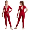 Stadiumkleding kinderen meisjes ballet dans jumpsuit glanzende gymnastiek unitard bodysuit lange mouw terug keyhole mesh kunstschaatsen kostuum