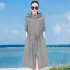 Printers Women's Long Sun Protection Clothing 2023 New Summer Fashion Thin Anti Ultraviolet Outerwear Hooded Jacket Ladies Tops Coats 3xl