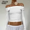 Women's T Shirts PixieKiki 2000s Tops Y2k Autumn Aesthetic White Shirt Women Bow Tie Off Shoulder Long Sleeve Crop Top Kawii Clothes