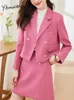 Yitimuceng Blazer y falda de 2 piezas para mujer de oficina, Blazers cortos con muescas y doble botonadura, minitrajes elegantes 240219