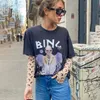 T-shirt chic con stampa di figure per abiti da donna, girocollo, manica corta, cotone, casual, accogliente, estiva, rock n' roll, streetwear, classica, di lusso, vintage top