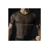 T-shirts pour hommes T-shirts pour hommes T-shirts en maille transparente Voir à travers des hauts T-shirts Homme sexy T-shirt col en V Singlet Gay Mâle Vêtements décontractés T-shirt Cl Dhznm