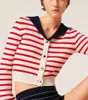 Tricots pour femmes Basic Luxury Femmes Cachemire Stripe Knit Cardigan en rouge Tan Sweet Sailor Collier manches longues Crop Top Preppy Style SS24