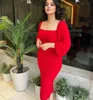 African Sexy Red Sheath Cocktail Party Dresses for Women Square Neck Long Sleeves Tea Length Girls Short Prom Dresses Celebrity Evening Gowns Vestidos