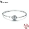 Armreifen Bamoer 100 % 925er Sterlingsilber, schillernder klarer CZ-Rundverschluss, Schlangenkette, Blumenverschluss, Armband, feiner Schmuck, SCB062