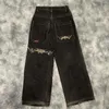 Mens Jeans Streetwear Y2K Hip Hop Cartoon Graphic Print Vintage Baggy Black Pants Män Kvinnor Hög midja breda benbyxor