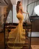 Sparkly Sequined Mermaid Prom Dresses Pärlade aftonklänningar Långa ärmar Sheer Bateau halsringning sveptåg specialtillfälle formellt slitage