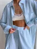 Women's Sleepwear Marthaqiqi Casual Women Nightwear 2 Piece Suit Turn-Down Collar Nightgowns Long Sleeve Pajamas Shorts Loose Ladies Home
