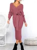 Casual Kleider Frauen Gestrickte Pullover Kleid Wrap Belted Tunika Midi Vestidos Langarm V-ausschnitt Split Herbst Winter Büro Dame