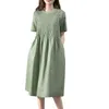 Casual Dresses Vintage Cotton Linen Pleated For Women 2024 Summer Solid Short Sleeve Knee Length Dress Loose Boho Beach Sundress