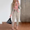 2xl Print Women Three Piece Pants Set Round Neck Long Sleeve Bandeau Top Coat and Pencil Ben Benbiles i full längd Matchande uppsättningar Fashion Flash Outfits Slim Plus Size