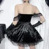 Robes décontractées Goth Black Lace Trim Sans Manches Party Robe Y2K Sexy Esthétique À Lacets Bandage Lolita Slim Court Mini Robe Femmes