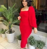 African Sexy Red Sheath Cocktail Party Dresses for Women Square Neck Long Sleeves Tea Length Girls Short Prom Dresses Celebrity Evening Gowns Vestidos