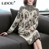 Vestidos casuais 2024 inverno gola manga longa vintage elegante impressão midi vestido feminino solto confortável grosso all-match robe