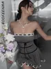 Casual Dresses BOOFEENAA Kawaii Strapless Mini Dress Y2k Coquette Clothes For Women Grey Ribbed Petite Cutecore Girls C95-CF26