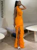 Casual Dresses Boofeenaa Asymmetrical Ruffle Backless Maxi Dress Sexig Orange Evening Party for Woman 2024 Night Club Outfit C16-ED19