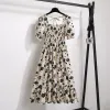 Dresses Summer Dresses For Women 2023 Short Puff Sleeve Floral Print Dress Back Smocked Square Neck Gathered Elegant Vintage Midi Dress