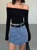 Women's Blouses Spring Knitting Women Slash Neck Crop Tops Tight Fitting Long Sleeves Sweet Sexy Party High Street Trendy Shirts