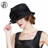 Berets Fs British Blue White Sinamay Hochzeitshut für Frauen Elegante Kirchenblume Fedoras mit breiter Krempe 2022 Leinen Kentucky Derby Hat Lady