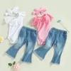 Conjuntos de roupas Bebê Meninas Macacões de Verão Conjunto com Mangas Voadoras Romper e Casual Stretch Denim Calças Flared Headband