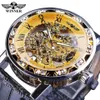 Winnaar Zwart Gouden Retro Lichtgevende Handen Mode Diamant Display Heren Mechanische Skeleton Horloges Topmerk Luxe Klok Wat183g