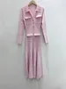 Casual Dresses Pink Knit Midi Dress Turn-Down Collar Pockets Spring Slim Elegant Female Long Sleeve Robe With Buttons