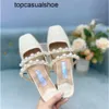 JC Jimmynessity Choo Zapatos Summer Mujeres Slip Mulas casuales Mulas Elegantes Pearl Pearl Tacón grueso Slip-On Moda de moda Slippers