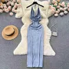 Casual Jurken Zomer Sexy Lace Up Halter Swingende Kraag Mouwloze Bodycon Lange Jurk Voor Vrouwen Solid Bandage Open Rug Slim Club Party