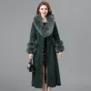 ネックレスzdfurs*2021ダブルフェイスウサギ毛皮のコート長い女性冬の毛皮服膝の長さキツネの毛皮襟スリムオーバーコート女性
