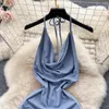 Casual Jurken Zomer Sexy Lace Up Halter Swingende Kraag Mouwloze Bodycon Lange Jurk Voor Vrouwen Solid Bandage Open Rug Slim Club Party