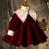 Girl Dresses 2024 Wine Red Flower Dress For Wedding Long Sleeve Baby Girls Christmas Clothing Kid's 1st Year Birthday Party Infant Gown