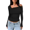 Dames T-shirts Dames S Een off-shoulder top met lange mouwen Asymmetrische hals cropped Y2K Ruches Uitgaan Cropped T-shirts