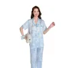 Pyjama d'été en soie glacée pour femmes, manches courtes, pantalon Long, élégant, bleu, ensemble Fury pour la maison, nouvelle collection