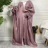 Ethnische Kleidung Ramadan Marokko Kleid Muslimische Frauen Abaya Strickjacke Krawatte Schleife Laterne Ärmel Seidig Gebet Kleidungsstück Robe Dubai Longue Vestidos