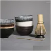 مجموعات Taupe Mets Indoor Ceramic Bowl Giftset الأدوات التقليدية الأدوات الخيزران مجموعة مصنوعة يدويًا شاي شاي Matcha 4/5pcs/مجموعة عيد ميلاد D Dhx0v