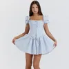 Lässige Kleider Fairy Grunge elegante blaue Broderie Schnürung Korsett Mini Kleid Outfits Sommergeburtstag eine Linie 2 -Stück -Sets