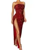 Sparkly Red Sexy Sheath Prom Dresses Long For Women Strapless Sequined Side Split Formal Ocns Evening Birthday Party Second Reception Pageant Gowns mal