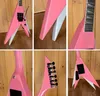 Hot Rare Vinnie Vincent Flying v Double V Pink White Electric Guitar、Floyd Rose Tremolo、Shark Fin Inlay、EMG Pickup、Black Hardware