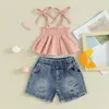 Conjuntos de ropa para niños pequeños, camiseta para niña, Top, pantalones vaqueros de mezclilla, conjunto de pantalones cortos, camisola plisada con lazo, traje de 2 piezas rasgado de verano