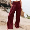 Damenhose, einfarbig, hohe Taille, Palazzo für Damen, Sommer, lässig, elastisch, weites Bein, Boho-Lounge-Hose mit Tasche, Schwarz