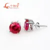 Oorbellen S925 Silver Corundum Red of blauwe kleurronde vorm 8mm Lab gemaakt Ruby Sapphire Stone Oor Stud Oording