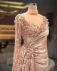 Arabic Aso Ebi Luxurious Mermaid Sexy Evening Dresses 2024 Sheer High Neck Long Sleeves Beaded Sequins Satin Prom Formal Party Second Reception Gowns Dress